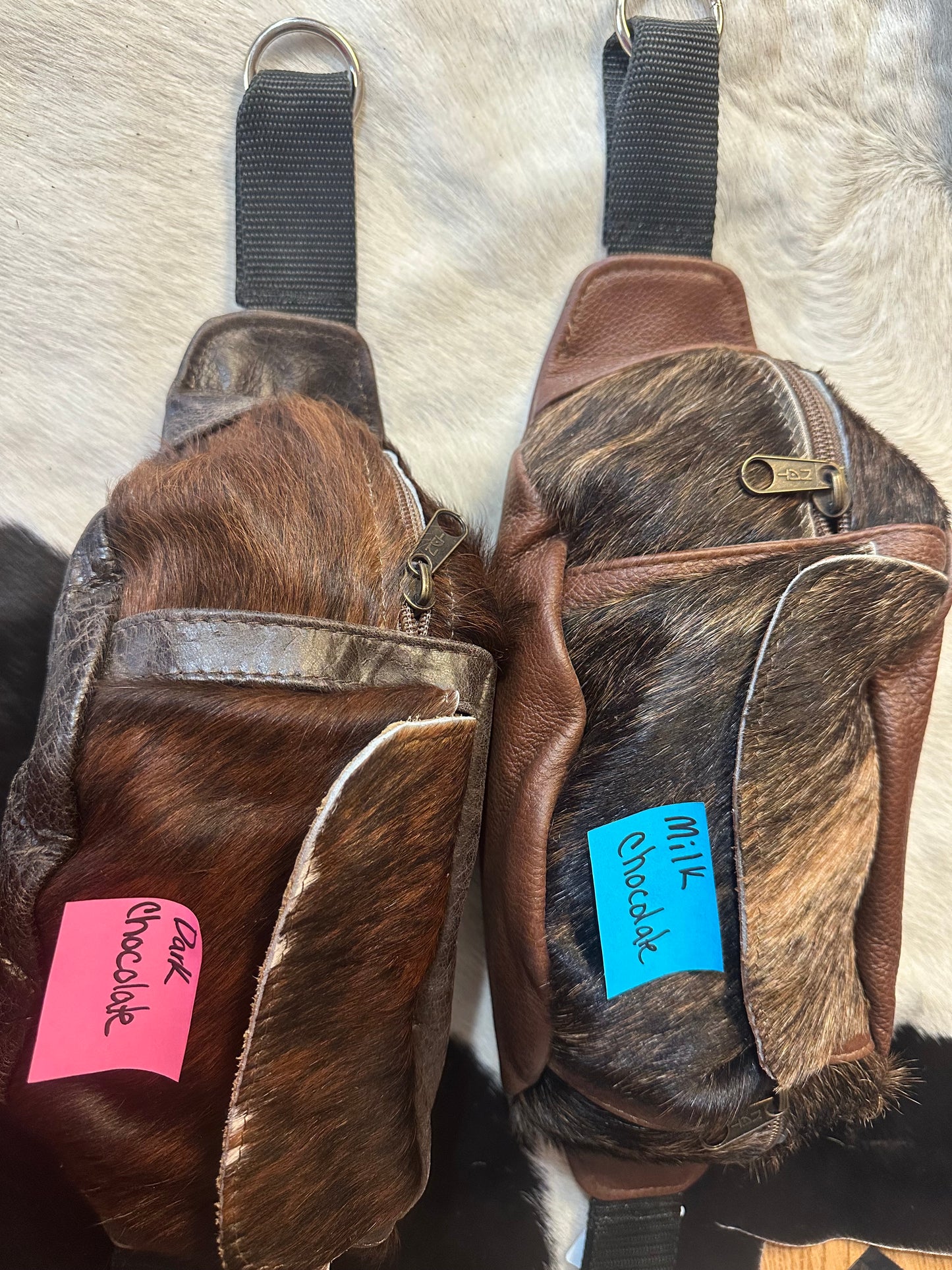 Leather hair on hide cantel bag