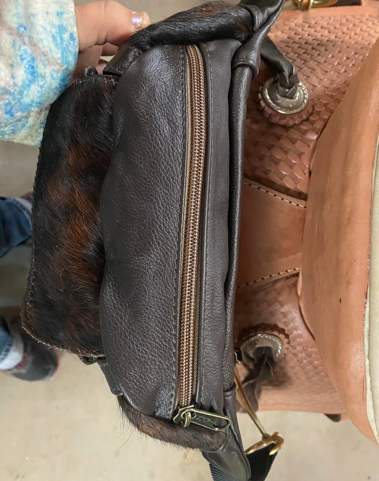 Leather hair on hide cantel bag