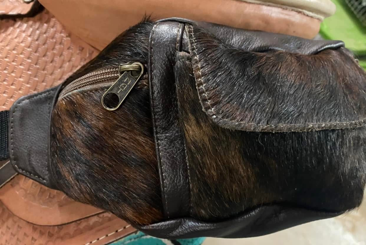 Leather hair on hide cantel bag