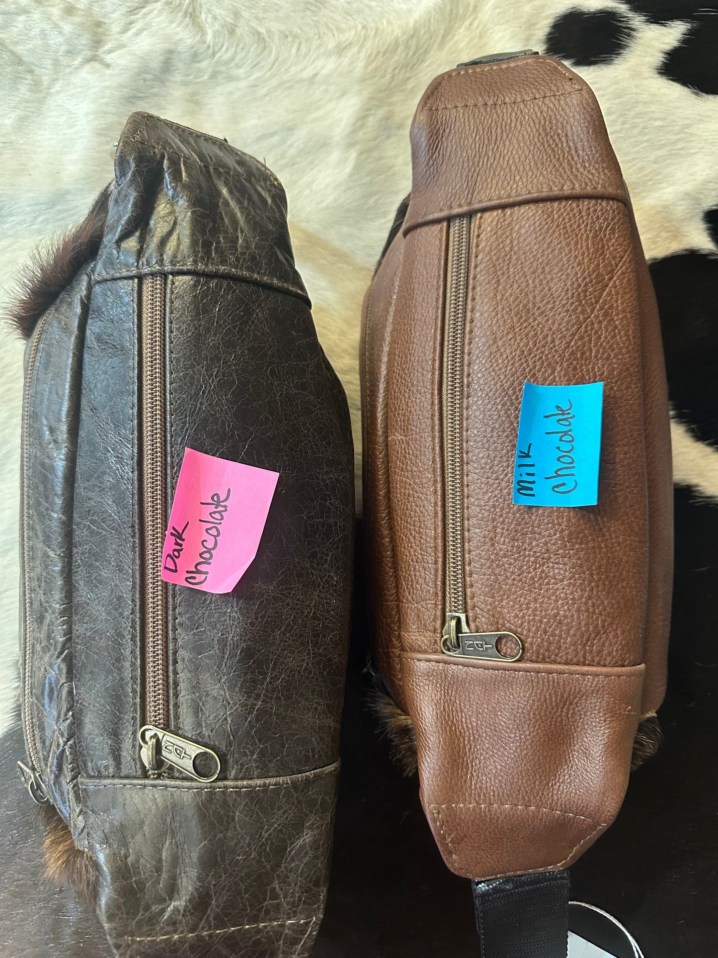 Leather hair on hide cantel bag