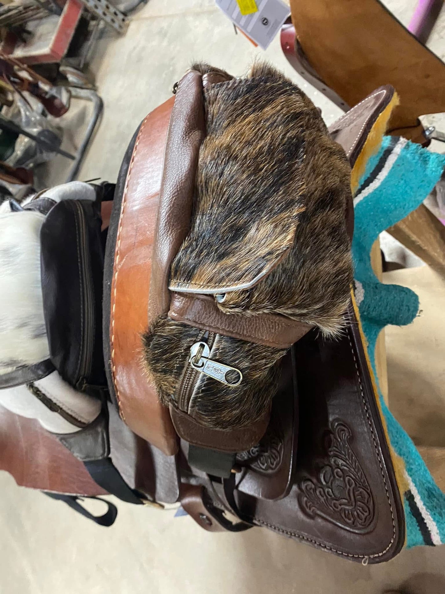 Leather hair on hide cantel bag