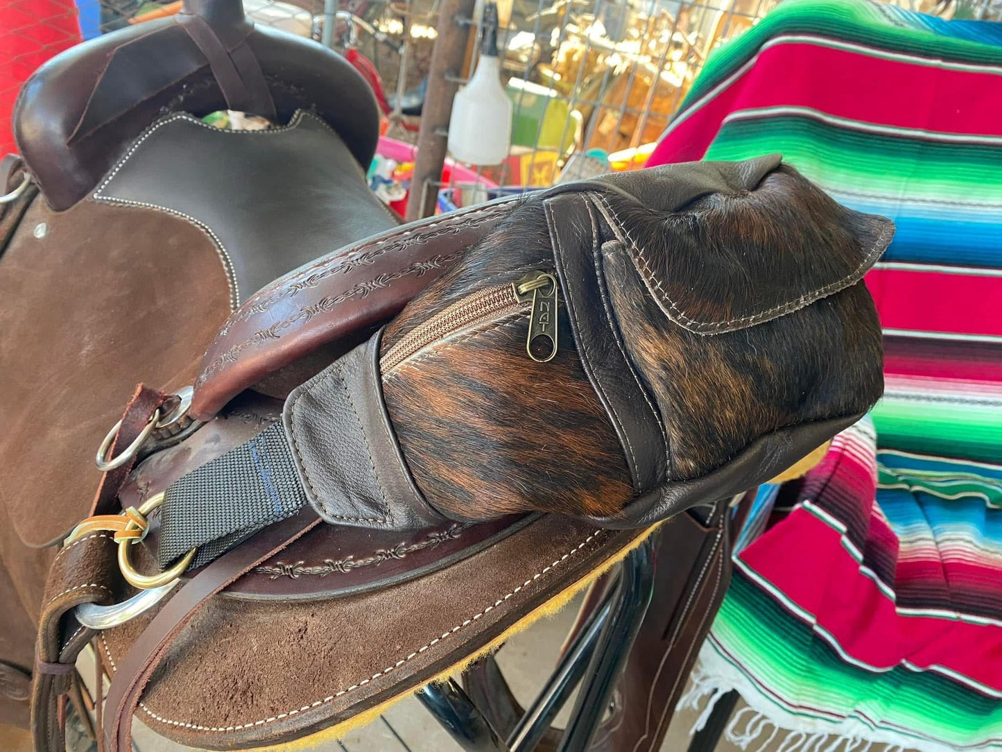 Leather hair on hide cantel bag