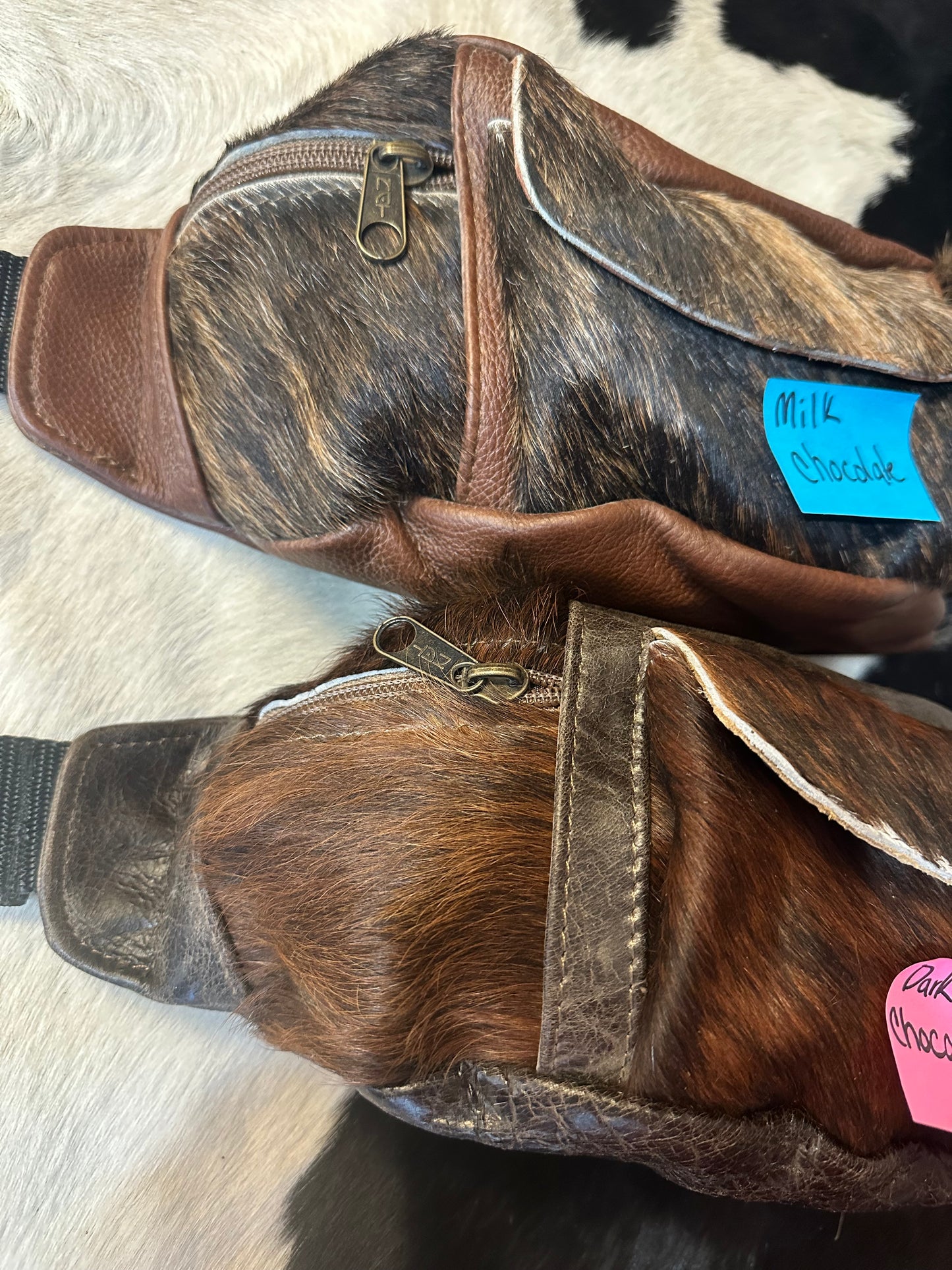 Leather hair on hide cantel bag